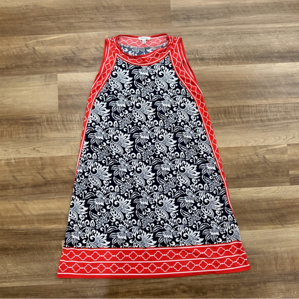 Max Studio Black and White Floral Dress with Red Trim
